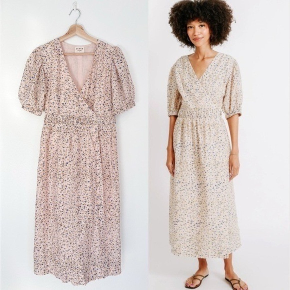 Mirth || Krabi Silk Blend Crossover Midi Dress in Champagne Floral Blush Pink XS